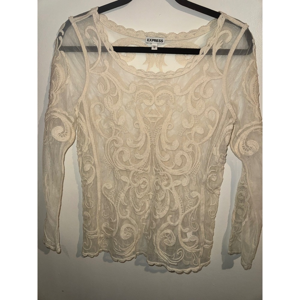 Express Womens XS Cream Sheer Mesh Embroidered Long Sleeve Scalloped Top